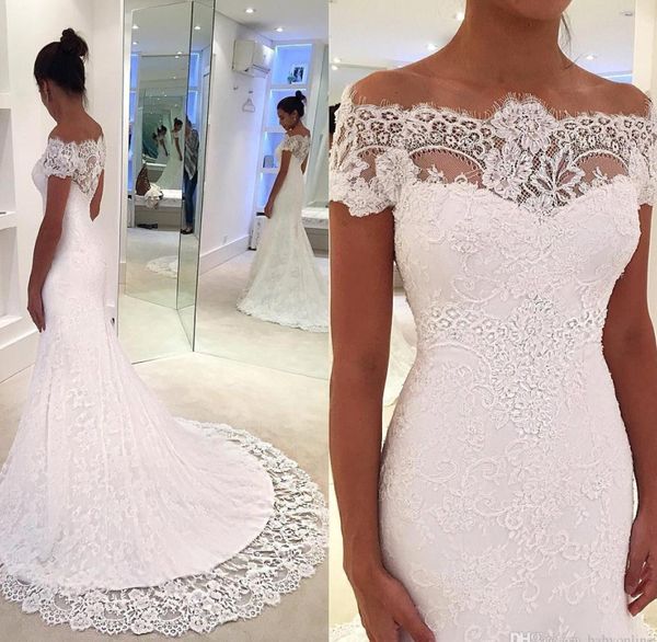 2020 modern full lace mermaid wedding dresses sheer elegant off shoulder bridal gowns with court train plus size robe de mariee bc1986, White
2020 modern full lace mermaid wedding dresses sheer elegant off shoulder bridal gowns with court train plus size robe de mariee bc1986, White
