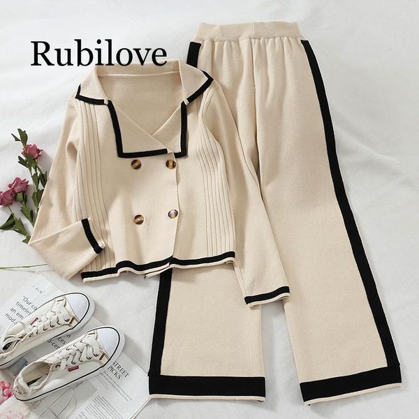 2020 women two piece set and pants stripe double breasted sweater high waisted wide leg casual pants knitted suit, White
2020 women two piece set and pants stripe double breasted sweater high waisted wide leg casual pants knitted suit, White