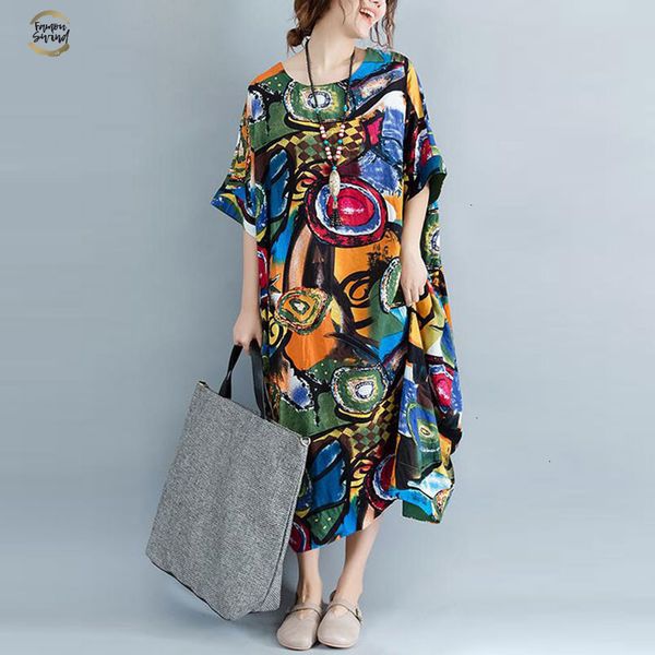 women dress plus size summer pattern print linen colorful female loose batwing casual vintage large size dresses, Black;gray
women dress plus size summer pattern print linen colorful female loose batwing casual vintage large size dresses, Black;gray