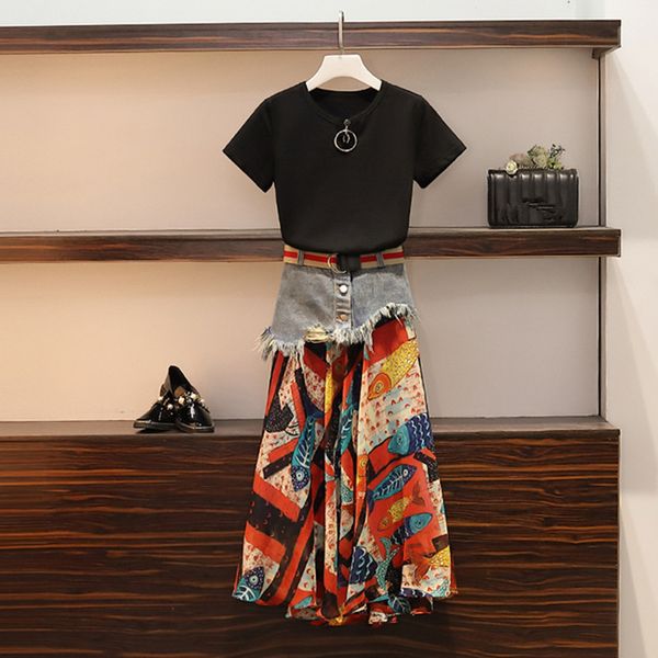 personality tassel denim stitching skirt suit 2019 summer new black tshirt + retro fish print patchwork denim skirt 2 piece set, White 
personality tassel denim stitching skirt suit 2019 summer new black tshirt + retro fish print patchwork denim skirt 2 piece set, White
