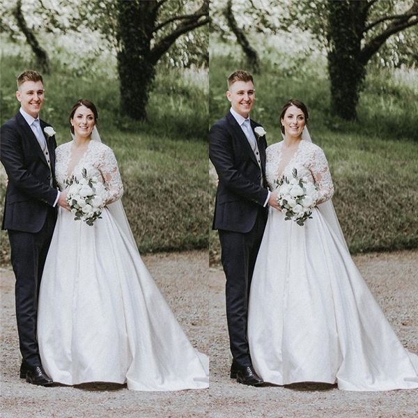 v-neck aline appliques wedding dresses with satin train and long sleeves vestido de noiva bridal gowns custom made, White
v-neck aline appliques wedding dresses with satin train and long sleeves vestido de noiva bridal gowns custom made, White