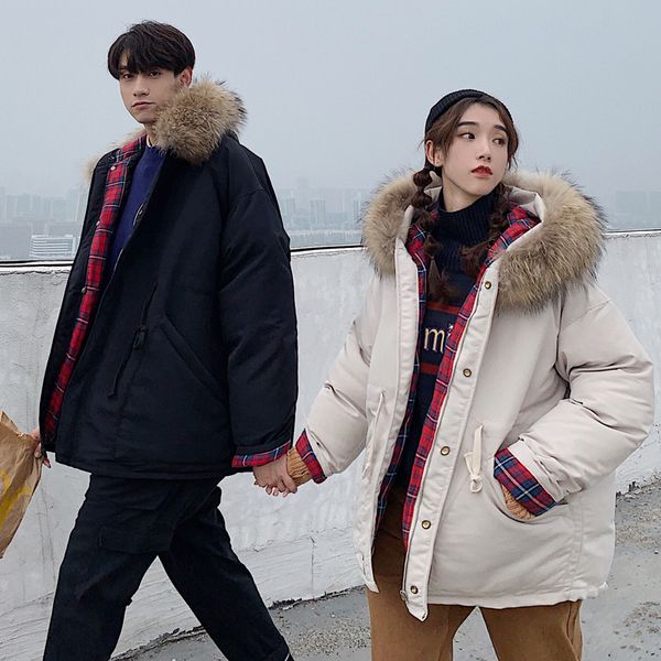 2018 winter new loose stitching lattice big fur collar couple coat thickening casual coat jacket black / beige / blue s-2xl
2018 winter new loose stitching lattice big fur collar couple coat thickening casual coat jacket black / beige / blue s-2xl