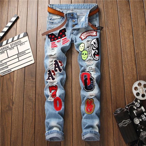 mens more badge light blue punk jeans fashion designer slim fit straight leg denim pants 883
mens more badge light blue punk jeans fashion designer slim fit straight leg denim pants 883
