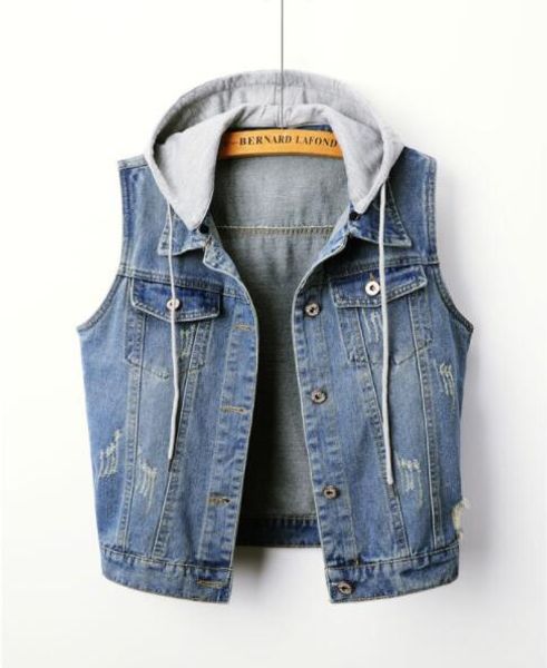 summer women's denim vest 2019 new vest without sleeves slim denim with hood women's jacket, Black;white
summer women's denim vest 2019 new vest without sleeves slim denim with hood women's jacket, Black;white