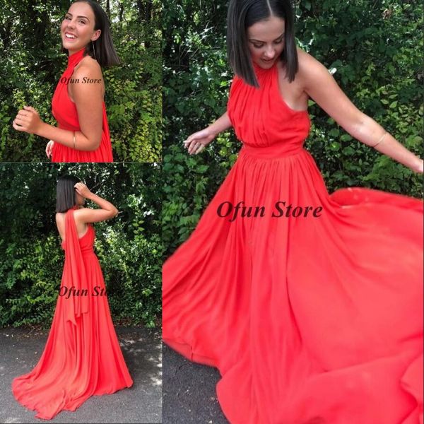 simple red halter neck backless prom dresses sleeveless chiffon pleats sweep train a line formal evening gowns, Black
simple red halter neck backless prom dresses sleeveless chiffon pleats sweep train a line formal evening gowns, Black
