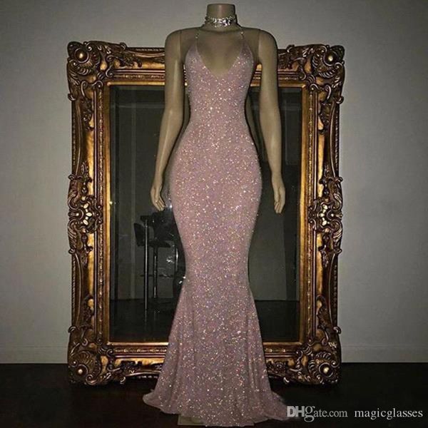 2019 stunning bling bling rose pink sequined prom dresses mermaid spaghetti straps backless formal wear evening gowns, Black
2019 stunning bling bling rose pink sequined prom dresses mermaid spaghetti straps backless formal wear evening gowns, Black