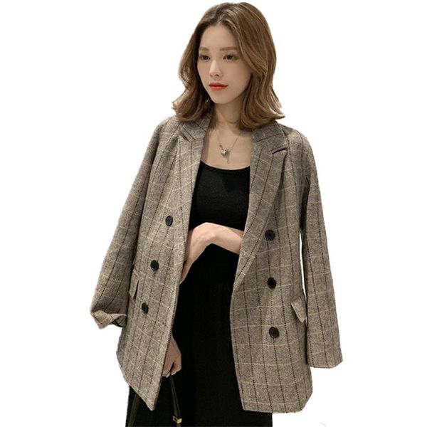 women 2019 new spring autumn classic plaid double-breasted wool blend suit coat femal lapel casual slim outwear retro blazer l48, White;black
women 2019 new spring autumn classic plaid double-breasted wool blend suit coat femal lapel casual slim outwear retro blazer l48, White;black