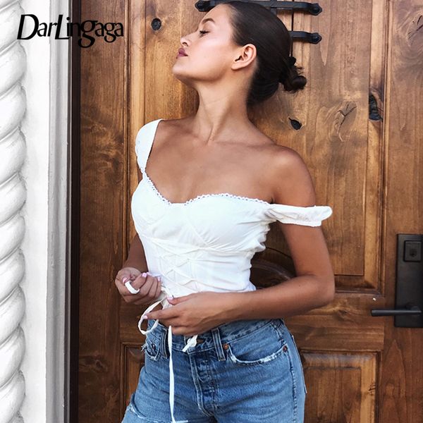 

darlingaga fashion chic cropped white blouse shirt women bandage lace up ruched summer womens and blouses waistband clothes
