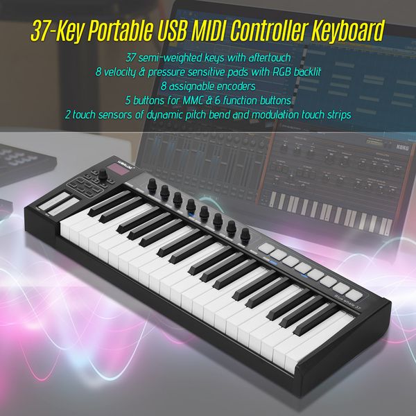 37/25 ключей usb midi контроллер клавиатура 37 полувзвешенных клавиши 8 rgb подсветка пэды led дисплей с usb-кабелем
37/25 ключей usb midi контроллер клавиатура 37 полувзвешенных клавиши 8 rgb подсветка пэды led дисплей с usb-кабелем