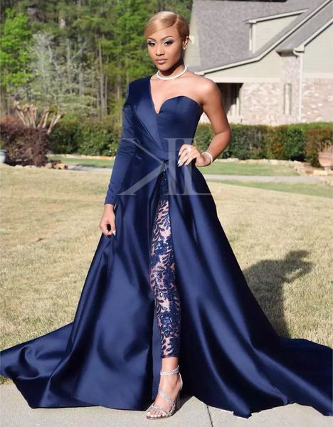 navy blue 2018 evening dresses one shoulder sleeve jumpsuit evening gowns soft satin court train prom party gowns, Black
navy blue 2018 evening dresses one shoulder sleeve jumpsuit evening gowns soft satin court train prom party gowns, Black
