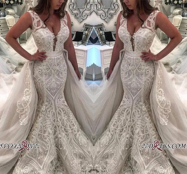 vintage ivory deep v neck lace mermaid wedding dresses 2019 lace appliqued tulle bridal gowns with detachable train long chapel train, White
vintage ivory deep v neck lace mermaid wedding dresses 2019 lace appliqued tulle bridal gowns with detachable train long chapel train, White