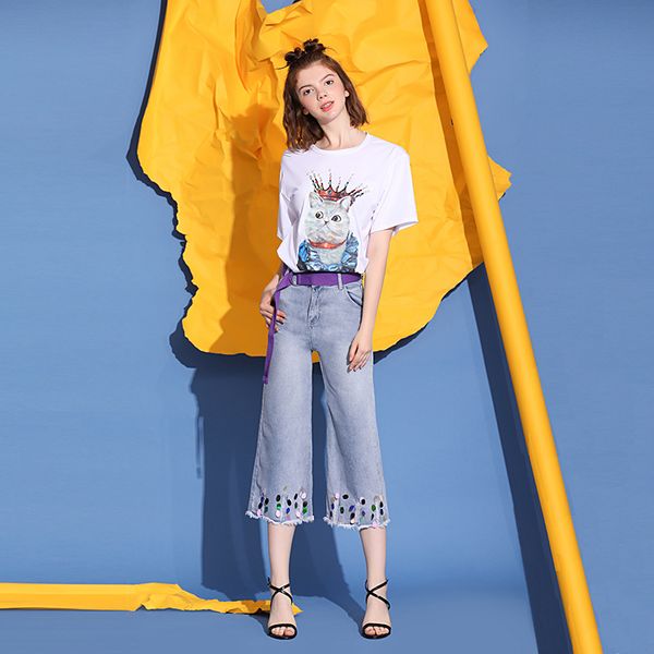summer women beading cartoon cat print t shirts jeans set fashion cotton tshirt + flare denim sqeuined tassel pants 2 piece sets, White
summer women beading cartoon cat print t shirts jeans set fashion cotton tshirt + flare denim sqeuined tassel pants 2 piece sets, White