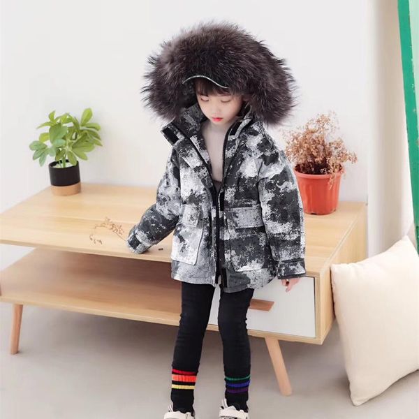 2020 children's fur girls coat camoufalge russian winter jacket teenage girls warm hooded thick real fur outwear boys parkas, Blue;gray