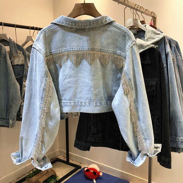 women's jackets heavy work diamond chain tassel washed light blue super short denim jacket 2021 spring autumn kurtka jeansowa damska, Black;brown
women's jackets heavy work diamond chain tassel washed light blue super short denim jacket 2021 spring autumn kurtka jeansowa damska, Black;brown