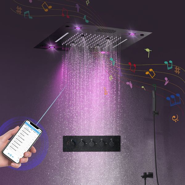 

Newly Black Music Shower Set Bathroom Ceiling LED Shower Panel Rainfall Waterfall ShowerHead Thermostatic Mixer Faucets