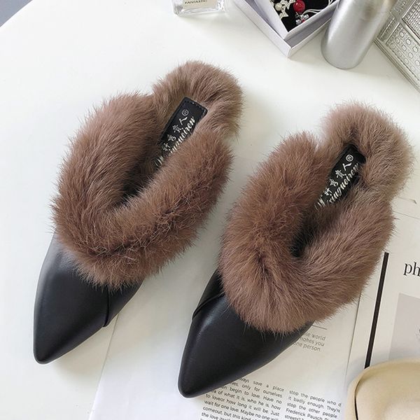 point toe winter plush fur slippers warm fur flip flops pompom autumn female slides mules low heels leather outside mules, Black
point toe winter plush fur slippers warm fur flip flops pompom autumn female slides mules low heels leather outside mules, Black