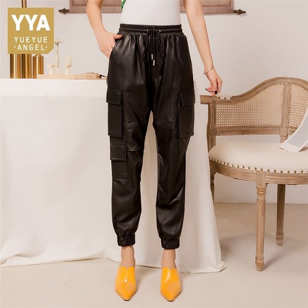 women's pants & capris brand genuine leather elastic waist womens sheepskin casual streetwear pockets cargo ankle length female harem, Black;white
women's pants & capris brand genuine leather elastic waist womens sheepskin casual streetwear pockets cargo ankle length female harem, Black;white