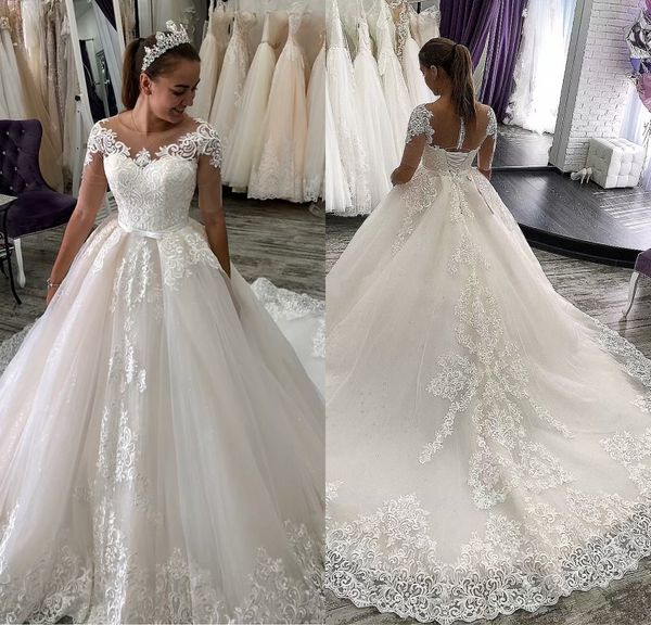 bohemian ball gown luxury wedding dresses tulle lace applique crystal formal dress jewel neck short sleeve sweep train bridal gowns, White
bohemian ball gown luxury wedding dresses tulle lace applique crystal formal dress jewel neck short sleeve sweep train bridal gowns, White