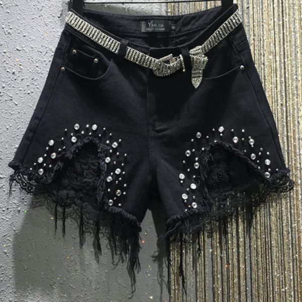 rhinestone beaded lace hole burrs high waist denim shorts women 2019 summer loose jeans shorts, White;black
rhinestone beaded lace hole burrs high waist denim shorts women 2019 summer loose jeans shorts, White;black