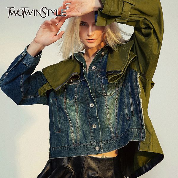 twotwinstyle loose fit spliced hit color short denim jacket new lapel long sleeve women coat fashion tide autumn winter 2019, Black;brown
twotwinstyle loose fit spliced hit color short denim jacket new lapel long sleeve women coat fashion tide autumn winter 2019, Black;brown