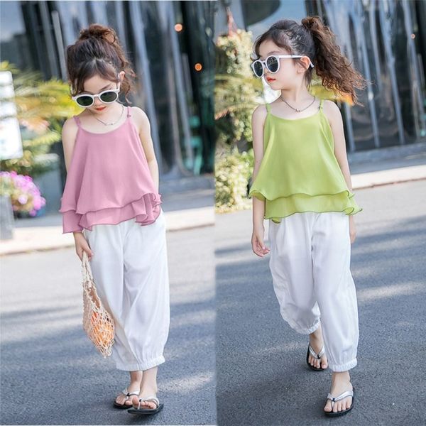 summer grils sets children girl costume sleeveless strap vest blouse+casual trousers pants set, White
summer grils sets children girl costume sleeveless strap vest blouse+casual trousers pants set, White