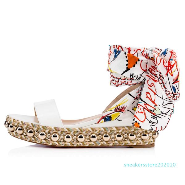 2019ss summer gorgeous red bottom levantine 60mm white patent leather wedge sandal gold studs graffiti ankle strap gladiator sandals ss1, Black
2019ss summer gorgeous red bottom levantine 60mm white patent leather wedge sandal gold studs graffiti ankle strap gladiator sandals ss1, Black