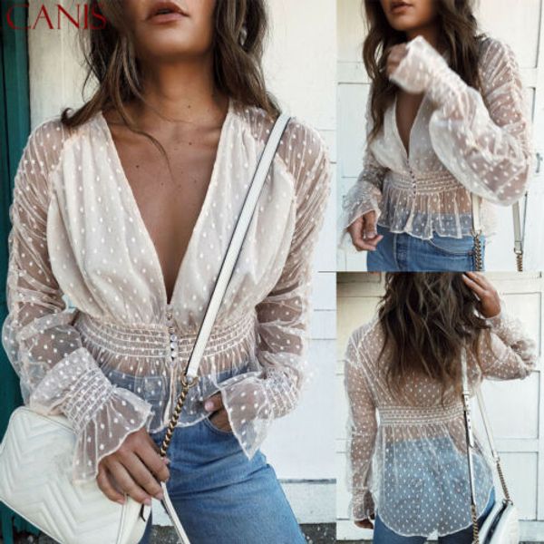 2019 summer women v-neck t shirt long sleeve polka dot casual loose backless party through, White
2019 summer women v-neck t shirt long sleeve polka dot casual loose backless party through, White