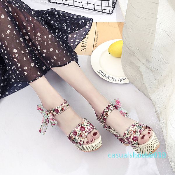 summer 2020 new korean wedge sandals women harajuku style wild bow retro muffin shoes thick-soled shoes l30, Black