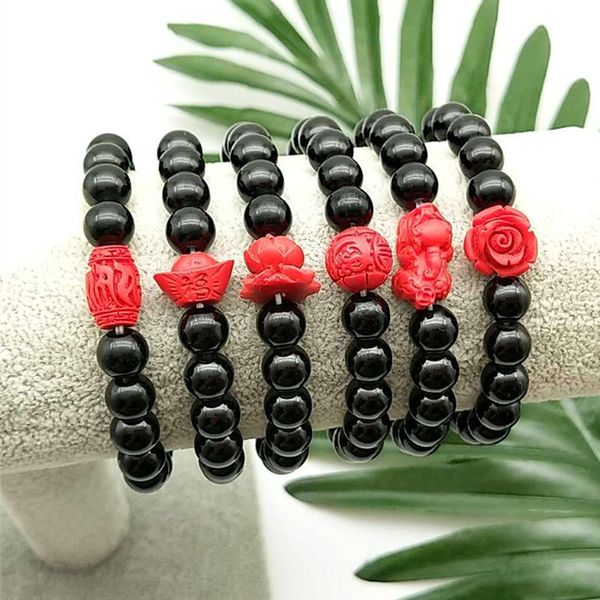 chinese 8mm black beads cinnabar rose bracelet charm jewellery fashion hand-carved luck amulet gifts customizable, Golden;silver