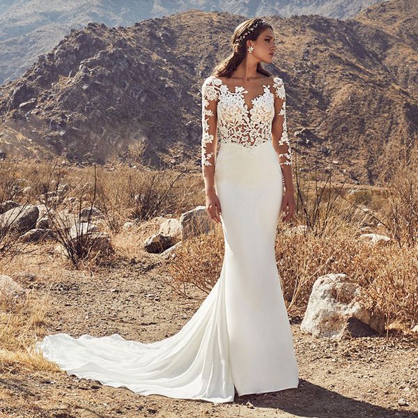 mermaid lace backless beach wedding dresses sheer bateau neck beaded bridal gowns with long sleeves chiffon boho vestido de novia, White
mermaid lace backless beach wedding dresses sheer bateau neck beaded bridal gowns with long sleeves chiffon boho vestido de novia, White