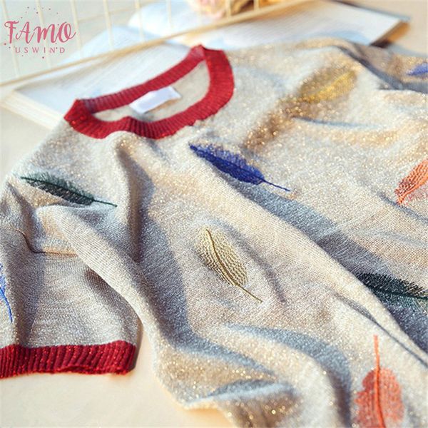 ice silk summer t shirt short sleeve embroidery feather o neck tshirts knitted women clothes shining, White
ice silk summer t shirt short sleeve embroidery feather o neck tshirts knitted women clothes shining, White
