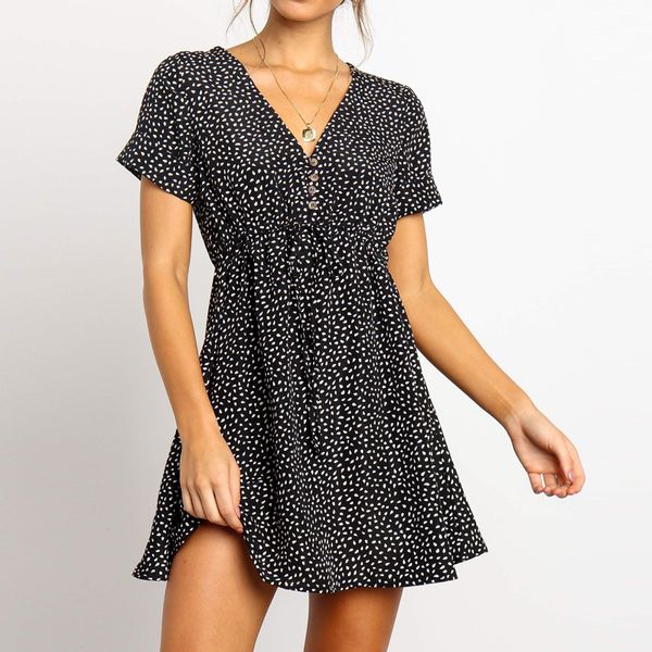 new arrival 2019 summer dress dot print v neck beach dress short sleeve button casual women sundress party vestidos de verano, Black;gray 
new arrival 2019 summer dress dot print v neck beach dress short sleeve button casual women sundress party vestidos de verano, Black;gray