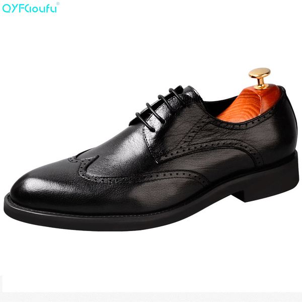 qyfcioufu fashion mens business shoes brand luxury dress shoes genuine leather cow leather elegant brogue, Black