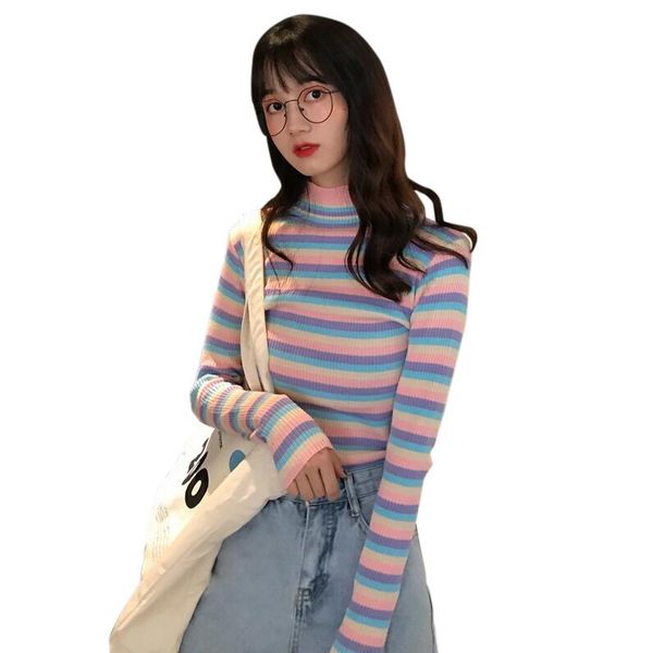 autumn and winter new slim rainbow striped knit long-sleeved half-high collar bottoming sweater women, White;black
autumn and winter new slim rainbow striped knit long-sleeved half-high collar bottoming sweater women, White;black