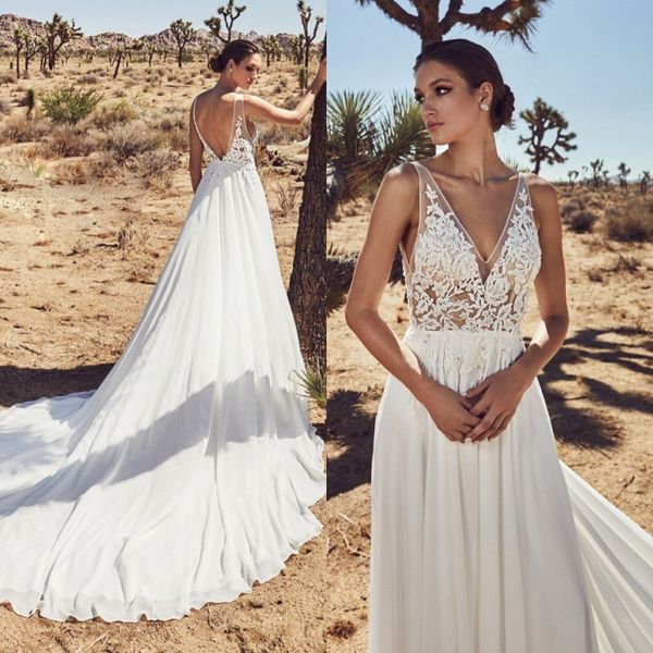 a line lace backless wedding dresses v neck beaded beach bridal gowns sweep train chiffon appliqued bohemian vestidos de noiva, White
a line lace backless wedding dresses v neck beaded beach bridal gowns sweep train chiffon appliqued bohemian vestidos de noiva, White