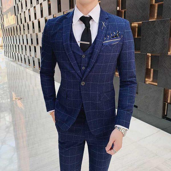 british style slim fit 3-piece set terno masculino autumn plaid vintage dinner jackets mens suits, White;black
british style slim fit 3-piece set terno masculino autumn plaid vintage dinner jackets mens suits, White;black