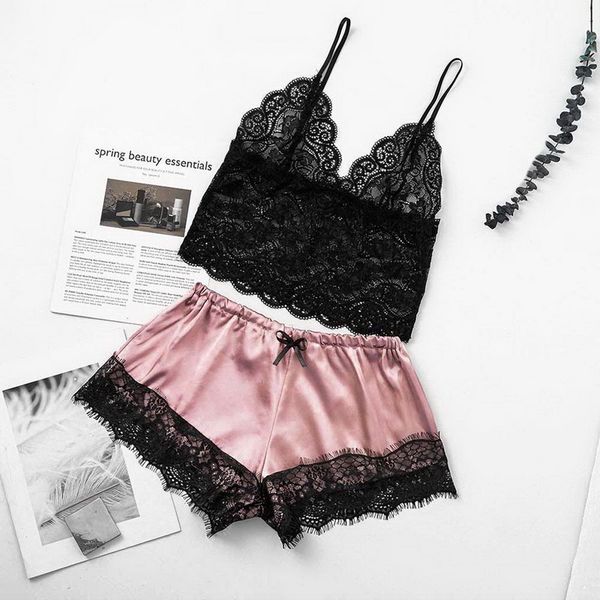 v-neck sleep wear women lace lingerie set satin camisole shorts set sleepwear women sleeping clothes pijamas, Black;blue
v-neck sleep wear women lace lingerie set satin camisole shorts set sleepwear women sleeping clothes pijamas, Black;blue