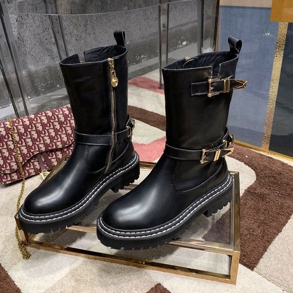 spring and summer 2020 new high-end women's leather thick heel flat bottom boots 119795, Black