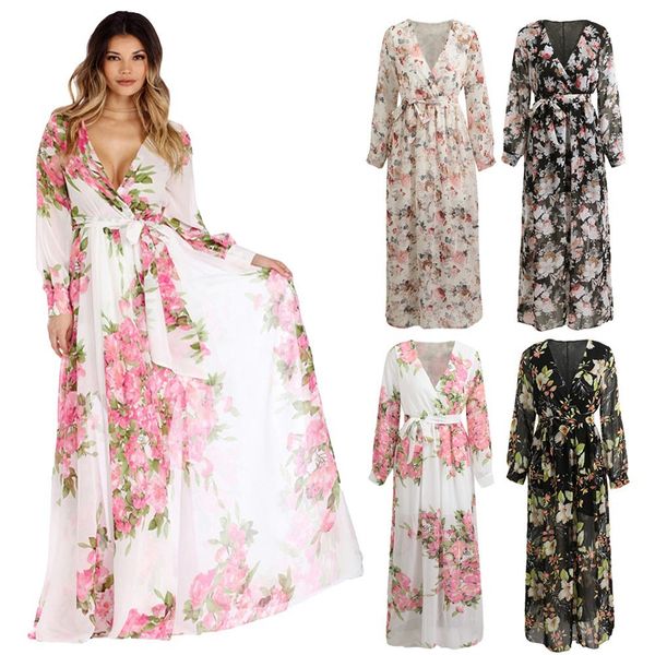 2019 women chiffon maxi dress floral print deep v neck long sleeve slim belted elegant boho long dress, Black;gray
2019 women chiffon maxi dress floral print deep v neck long sleeve slim belted elegant boho long dress, Black;gray
