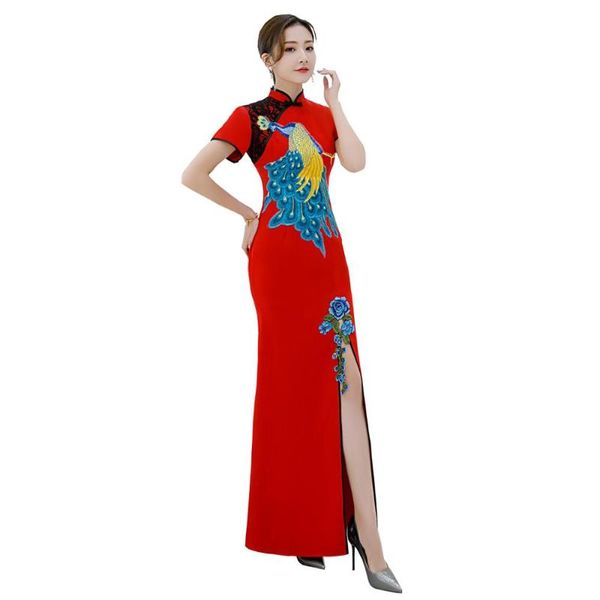 shanghai story chinese traditional dress peacock embroidery long mermaid qipao short sleeve lace cheongsam dress oriental, Red
shanghai story chinese traditional dress peacock embroidery long mermaid qipao short sleeve lace cheongsam dress oriental, Red