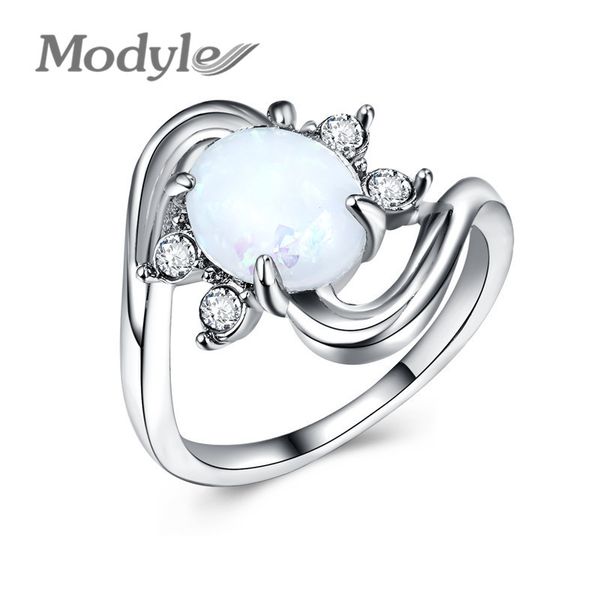 wukalo classical trendy white round fire opal wedding rings for women cz stone girls female jewelry accessories, Slivery;golden