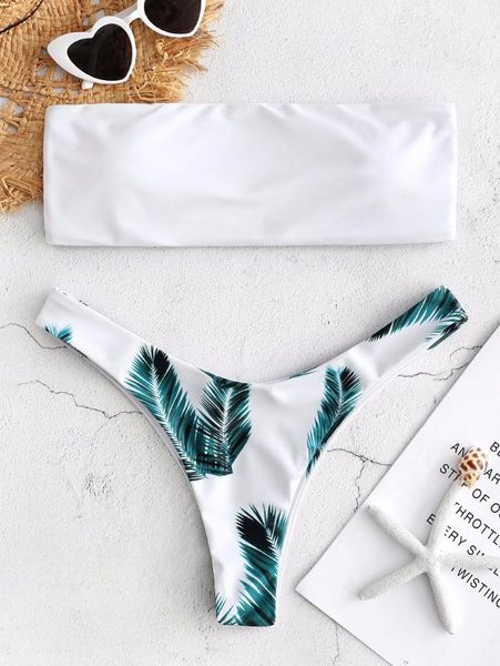 

women 2018 new leaf printed bandeau women bikini set strapless high cut brazilian biquinis swimwear cami swimsuit bathing suit