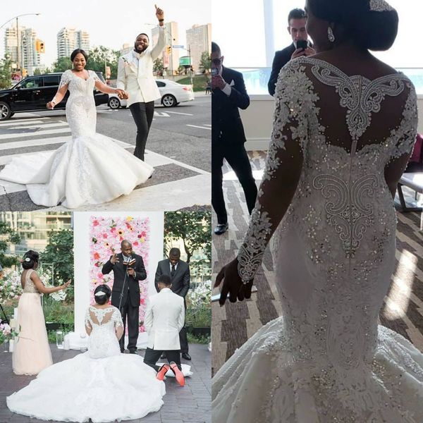 luxury sparkly mermaid wedding dresses plus size sheer long sleeves crystal south african wedding gowns custom made robe de mariee, White
luxury sparkly mermaid wedding dresses plus size sheer long sleeves crystal south african wedding gowns custom made robe de mariee, White