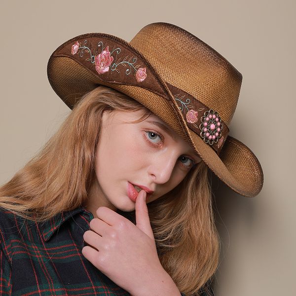 h7542 american western cowboy hat summer sunscreen sunshade panama women cap outdoor riding retro casual embroidery female hats, Blue;gray