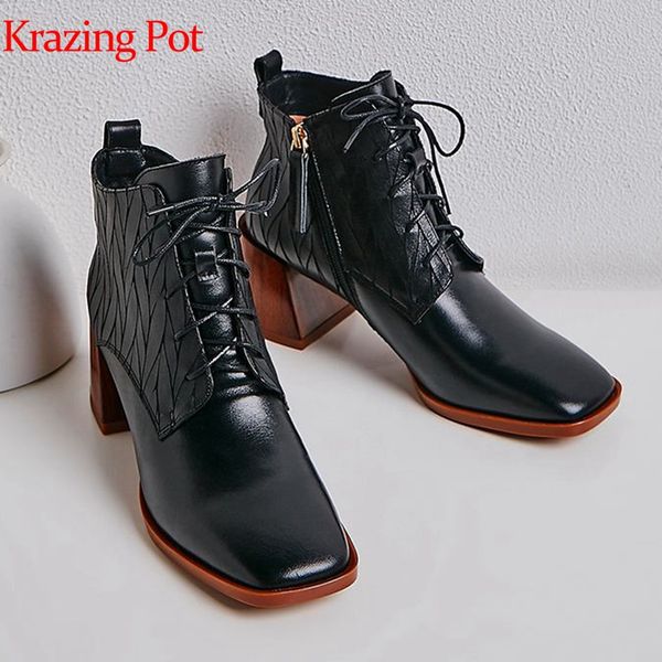 krazing pot prints genuine leather square toe square wooden high heels office lady vacation lace up decoration ankle boots l6f5, Black
krazing pot prints genuine leather square toe square wooden high heels office lady vacation lace up decoration ankle boots l6f5, Black