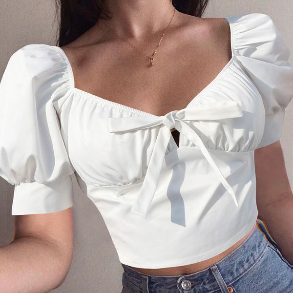 women's european and american spring and summer new t-shirt retro court style back lace up bubble sleeve square collar t-shirt women, White
women's european and american spring and summer new t-shirt retro court style back lace up bubble sleeve square collar t-shirt women, White