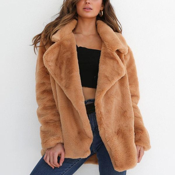 women designer faux fur coats solid color open stitch outerwear turn down collar thick warm fur coat, Black
women designer faux fur coats solid color open stitch outerwear turn down collar thick warm fur coat, Black