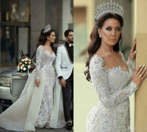 2019 gorgeous mermaid wedding dresses with detachable overskirt lace appliqued long sleeve country wedding dress sweep train abiti da sposa, White
2019 gorgeous mermaid wedding dresses with detachable overskirt lace appliqued long sleeve country wedding dress sweep train abiti da sposa, White