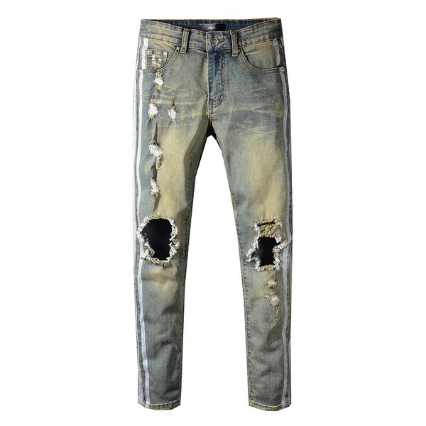 

New amiri men jean fa hion men high treet motorcycle amiri pant hole breaking cla ic miri jean 29 40 wai tline trou er