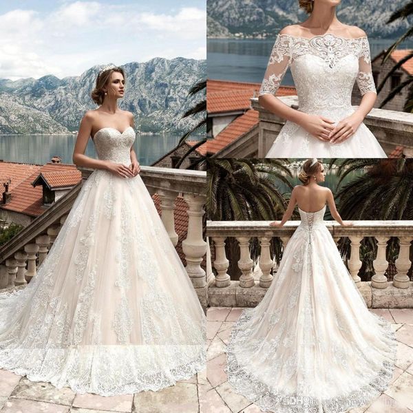vestidos de noiva 2020 wedding dresses with detachable half long sleeves lace appliqued bridal gowns corset back custom made wedding gowns, White
vestidos de noiva 2020 wedding dresses with detachable half long sleeves lace appliqued bridal gowns corset back custom made wedding gowns, White